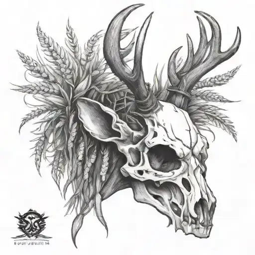deer skull with antlers wrapped in wheat coming out of head  tattoo design idea