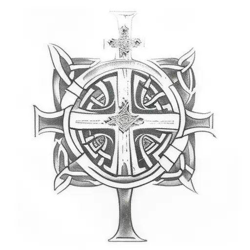 Philippians 4:13 and Celtic cross with body armour around it tattoo design idea