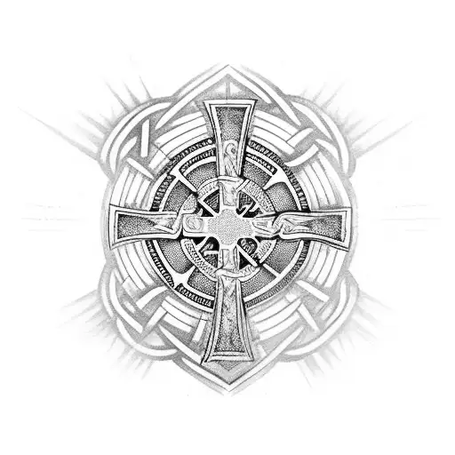Philippians 4:13 and Celtic cross with body armour around it tattoo design idea