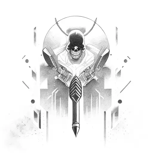 A black and grey portrait of Número 86 holding a powerful weapon tattoo design idea