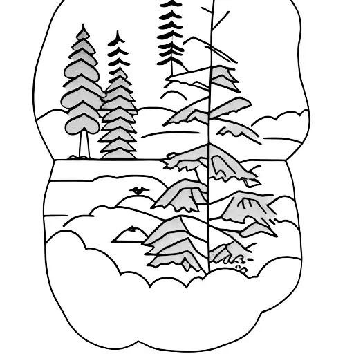 scene looking across a lake with georgia pines on the other side tattoo design idea