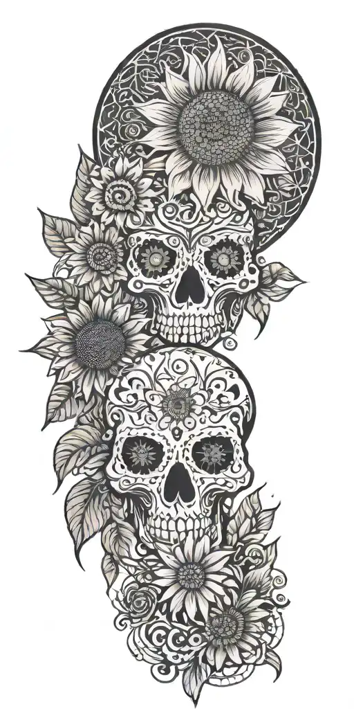 skull sunflower lace moon moths Mandela style tattoo tattoo design idea