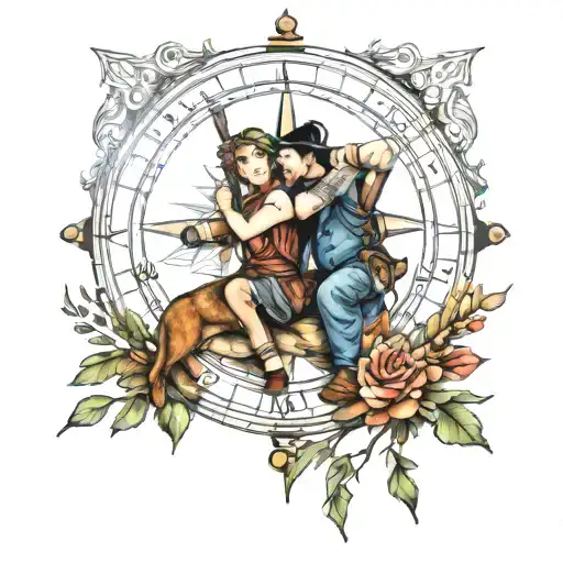 Couples compass and bow hunting scene tattoo design idea