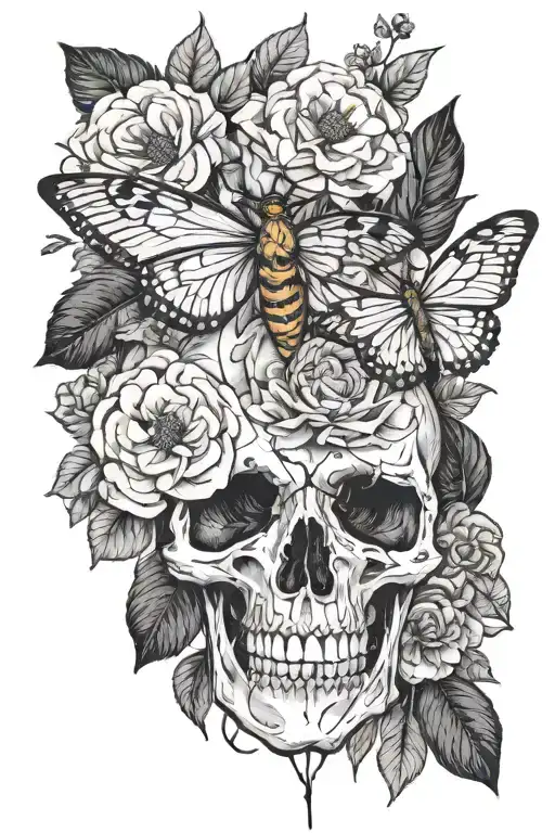 anatomic heart with a death moth, flowers and a birds skull tattoo design idea