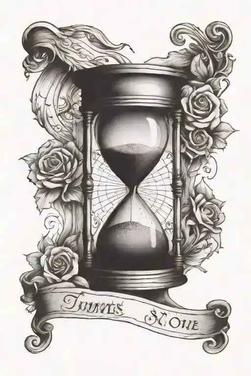 Sandclock and quote 'time waits for no one' tattoo design idea