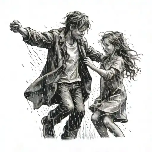 Two siblings, older brother and younger sister, dancing in the rain. Storm leaving in the background. tattoo design idea