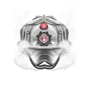 firefighter in smoke layer, dramatic and dark. station SOHO name on helmet tattoo design idea