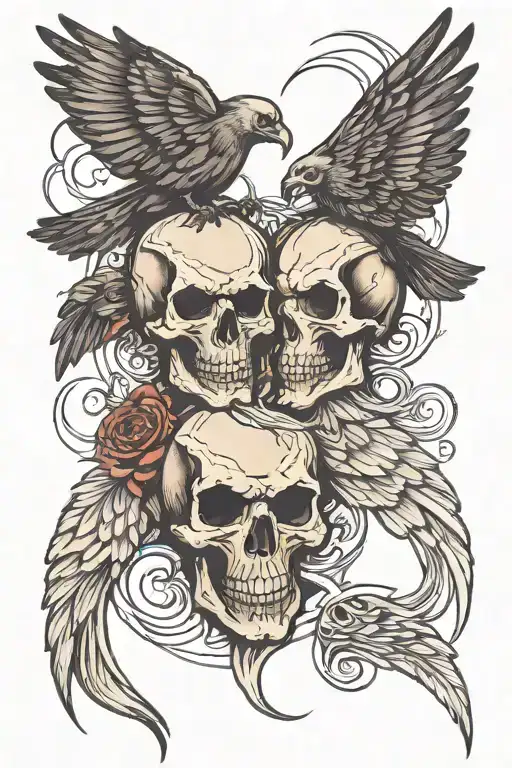 angry skull and calm skull separated by a raven tattoo design idea