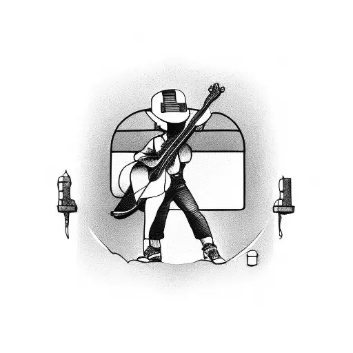 Cross with a guitar leaning against it with a hard hat hanging off it tattoo design idea