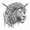 A lion with bandages and crutches and scars in his face, representing overcoming injuries and the strength to keep going tattoo design idea