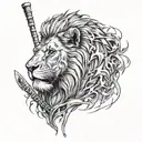 A lion with bandages and crutches and scars in his face, representing overcoming injuries and the strength to keep going tattoo design idea