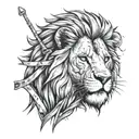 A lion with bandages and crutches and scars in his face, representing overcoming injuries and the strength to keep going tattoo design idea