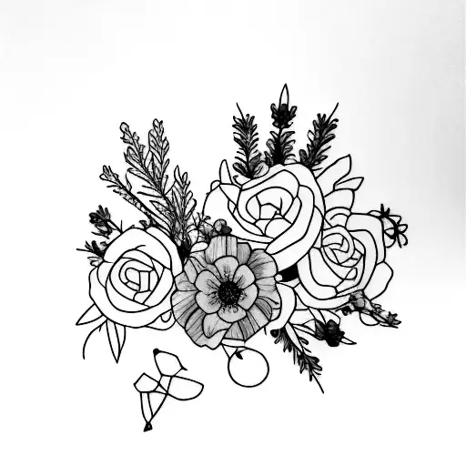 The grand teton mountains outline, with forget me not flowers and sagebrush branches tattoo design idea