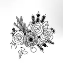 The grand teton mountains outline, with forget me not flowers and sagebrush branches tattoo design idea