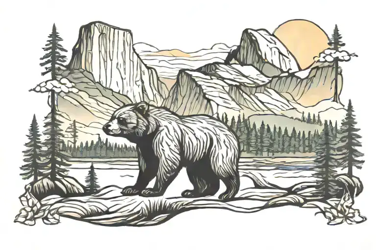 yosemite valley sunrise with a bear tattoo design idea
