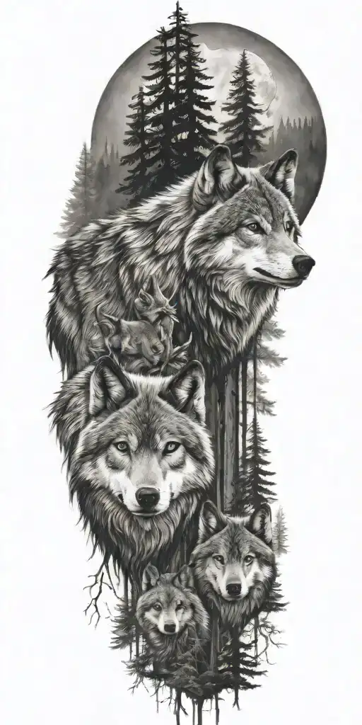 represent father and son as wolves in a detailed forest tattoo design idea