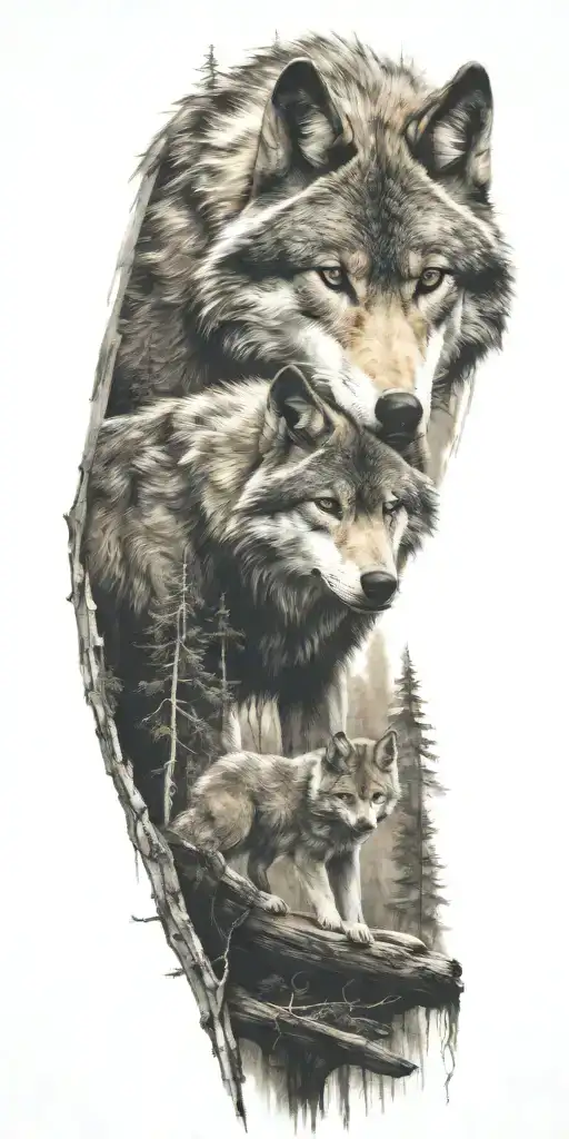 wolf and cub in forest tattoo design idea