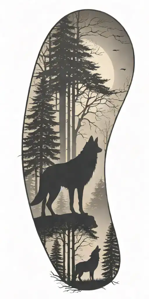 A stylized silhouette of a veteran standing in a forest with a wolf and eagle by his side tattoo design idea