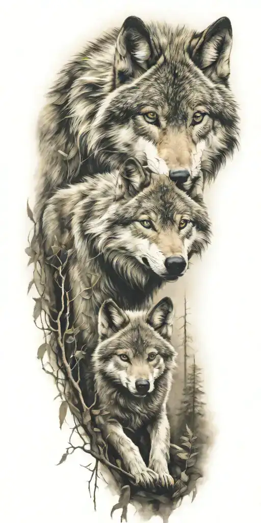 wolf and cub in forest tattoo design idea