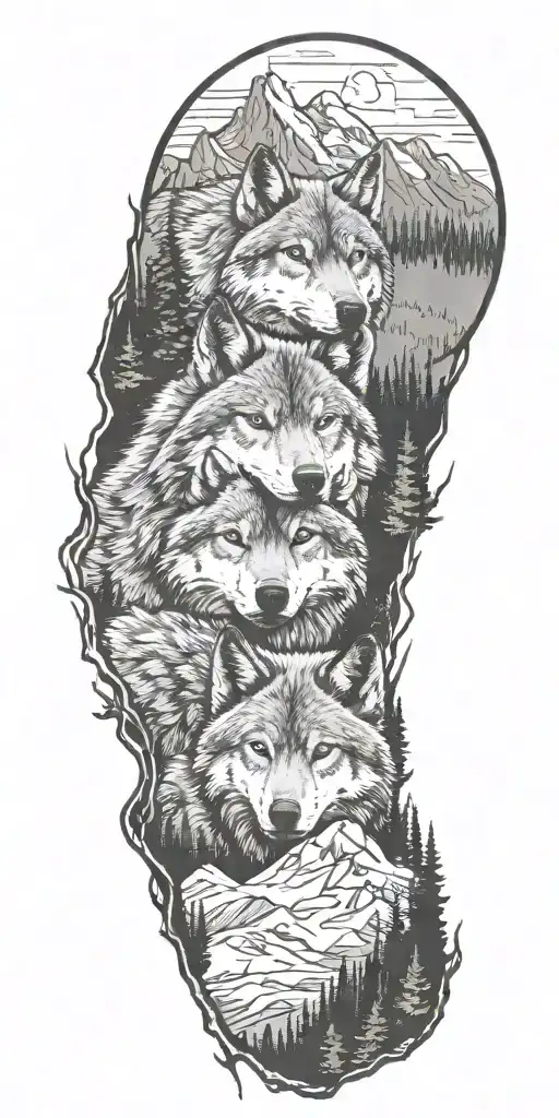 father wolf and a cub in forest surrounded by a mountain range tattoo design idea