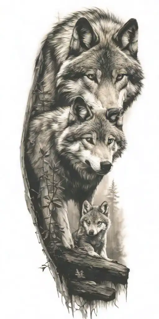 wolf and cub in forest tattoo design idea