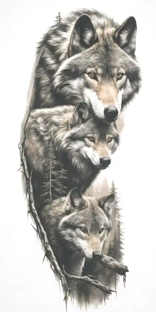 wolf and cub in forest tattoo design idea