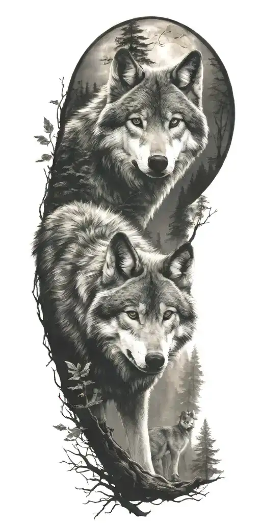one wolf and cub in moonlit forest scene tattoo design idea