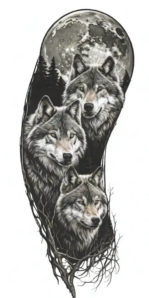 2 wolves  forest full moon tattoo design idea