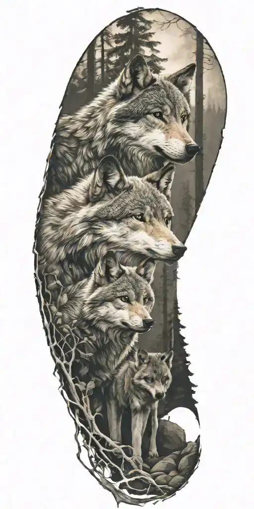 one wolf and cub in forest tattoo design idea