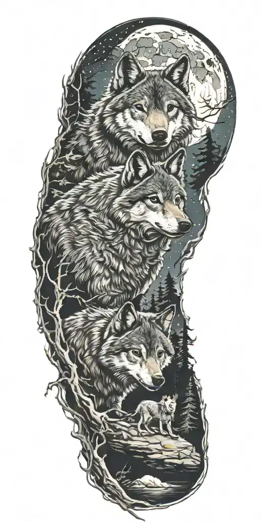 one wolf and cub in moonlit forest scene tattoo design idea