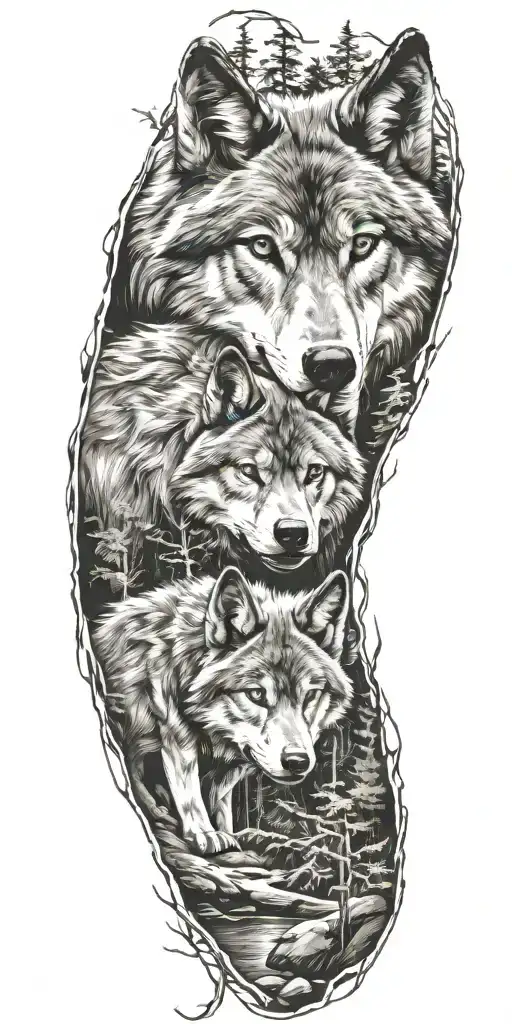 wolf and cub in forest surrounded tattoo design idea