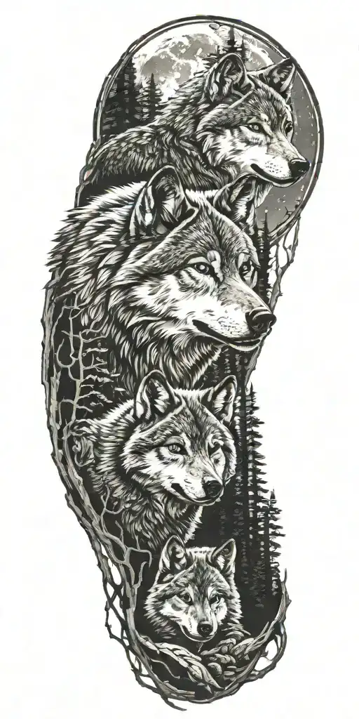one wolf and cub in moonlit forest scene tattoo design idea