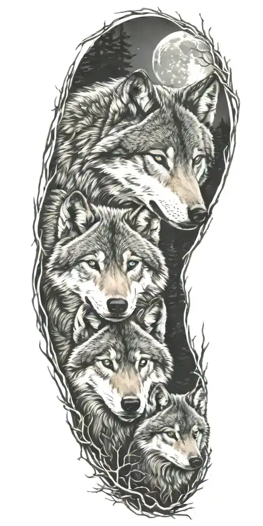 one wolf and one cub in moonlit forest scene tattoo design idea
