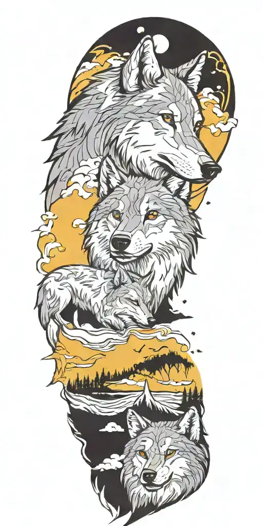 represent father son wolf surrounded tattoo design idea