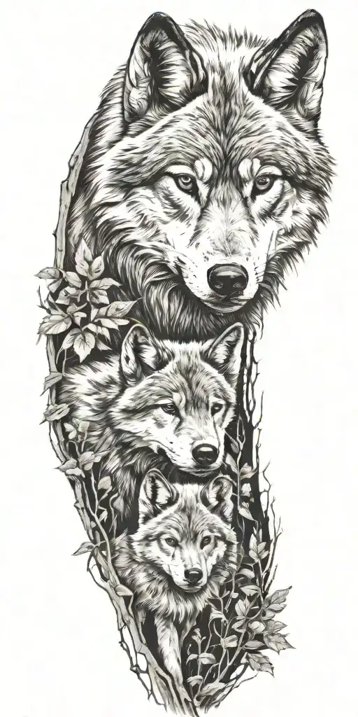 wolf and cub in forest tattoo design idea