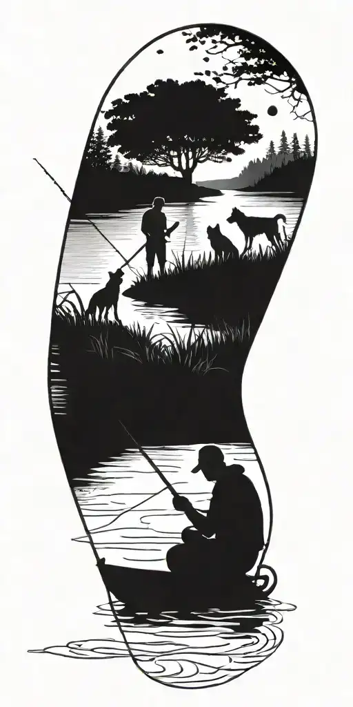 A silhouette of a father and son fishing by a serene river, with a hidden wolf in the background, in blackwork style tattoo design idea