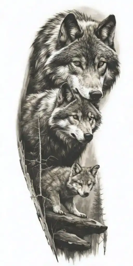 one wolf and cub in forest tattoo design idea
