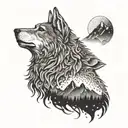 An intricate dotwork design of a howling wolf with a mountain landscape in the background, symbolizing the strength and resilience of a veteran tattoo design idea