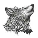 An intricate dotwork design of a howling wolf with a mountain landscape in the background, symbolizing the strength and resilience of a veteran tattoo design idea