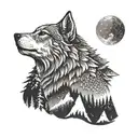 An intricate dotwork design of a howling wolf with a mountain landscape in the background, symbolizing the strength and resilience of a veteran tattoo design idea