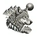 An intricate dotwork design of a howling wolf with a mountain landscape in the background, symbolizing the strength and resilience of a veteran tattoo design idea