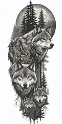 represent father and son as wolves in a detailed forest tattoo design idea