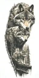 wolf and cub in forest tattoo design idea