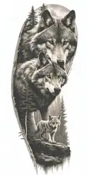 wolf and cub in forest tattoo design idea