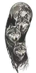 2 wolves  forest full moon tattoo design idea