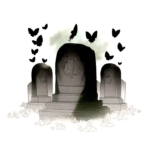 skull with dark clouds and black butterflies and gravestones  tattoo design idea