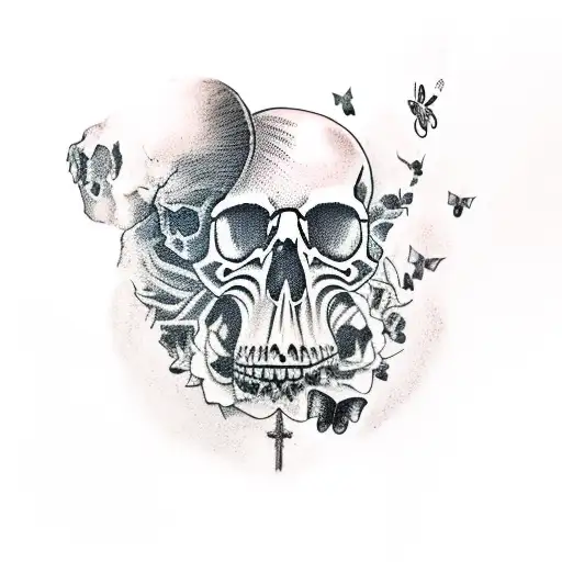 skull with dark clouds and black butterflies and gravestones  tattoo design idea