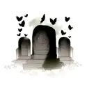 skull with dark clouds and black butterflies and gravestones  tattoo design idea
