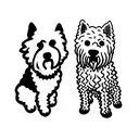 bichon frise and black german shepherd sitting besides eachother, taken from the back tattoo design idea