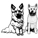 bichon frise and black german shepherd sitting besides eachother, taken from the back tattoo design idea